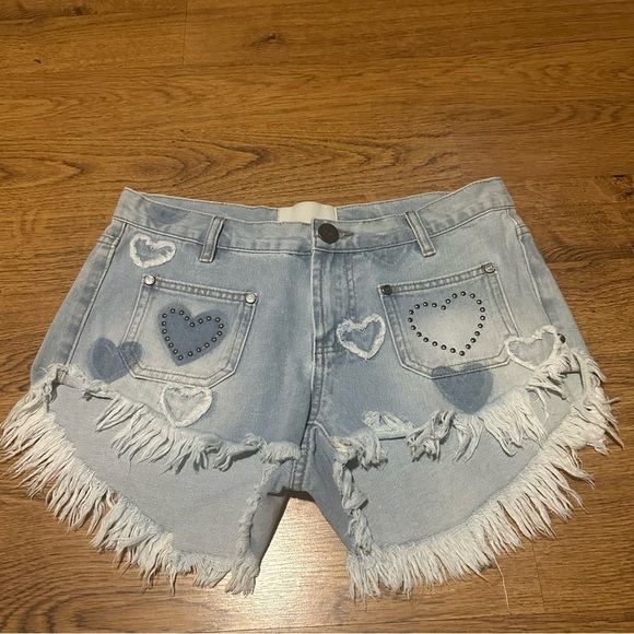 One Teaspoon Pants - One Tespoon S Light Blue Denim Shorts Heart Accents 26 raw hem studs cotton